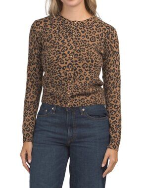 WILT Cashmere Crew Neck Long Sleeve Cardigan In Leopard Print